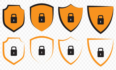 Set of security shield icons, security shields logotypes with check mark and padlock. Security shield symbols. Vector illustration. eps 10.