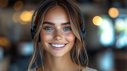 A portrait of a happy woman with a headset, smiling as she works as a sales consultant and help desk agent in a customer service agency, providing telecom and CRM solutions