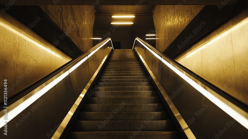 Poster a view from the bottom of an escalator going up in a modern building.