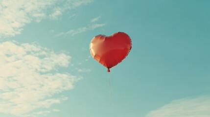 Fototapeta premium A striking red heart balloon drifting through a blue sky with light clouds, a simple and romantic symbol of love
