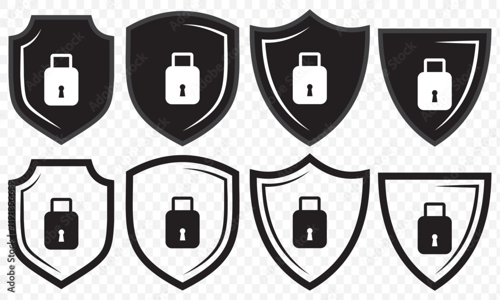Poster set of security shield icons, security shields logotypes with check mark and padlock. security shiel