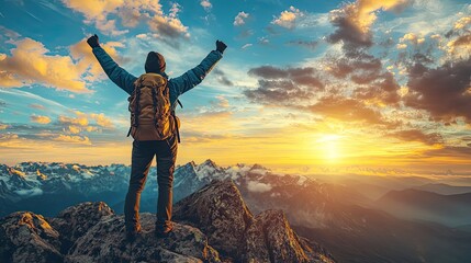 A powerful image captures a person standing triumphantly on a mountaintop, arms raised in celebration