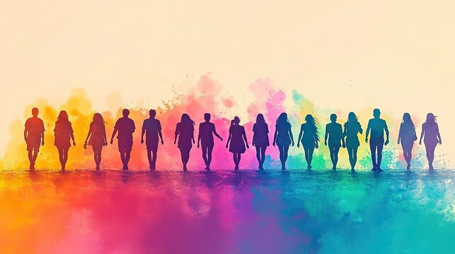 A Pride Month banner with diverse silhouettes and the text Happy Pride Month uses soft hues to convey positivity and warmth