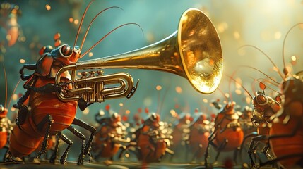 A whimsical illustration of anthropomorphic insects playing musical instruments.  A large insect plays a trumpet in a vibrant, surreal scene.