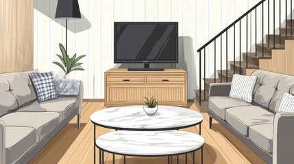 Modern living room with two sofas, coffee table, TV, and stairs.