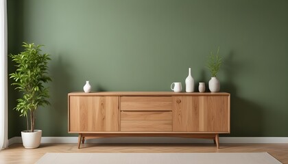 Wood sideboard in green living room with copy space