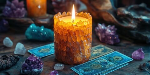 Soft candlelight illuminates a mystical arrangement of tarot cards and colorful crystals