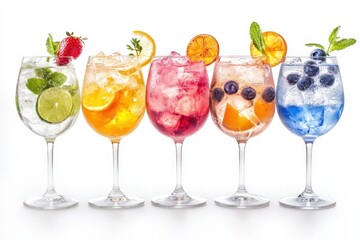 Vibrant and Refreshing Colorful Gin Tonic Cocktails Served in Elegant Glasses with Fresh Fruits and Garnishes