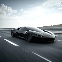 Sleek black sports car speeding on highway.