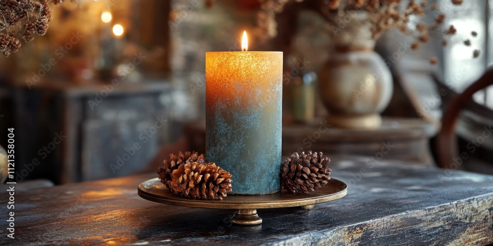 Poster charming candle ambiance with pinecones creating a cozy setting in a rustic room