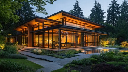 Fototapeta premium Modern home exterior with telescopic water brush cleaning large sliding glass doors, capturing reflections of the garden