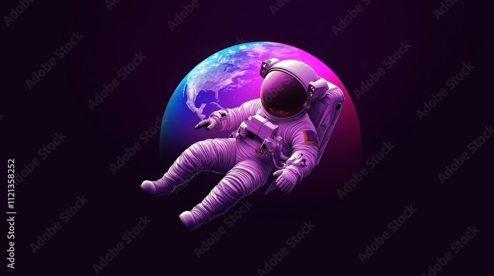Poster a vector illustration of an astronaut floating in space with Earth in the background