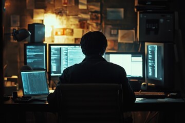 Silhouetted Figure Working on Multiple Monitors in a Dimly Lit Room