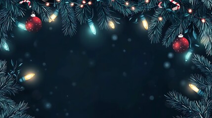 Festive Christmas border with fir branches, lights, ornaments, and candy canes on a dark background.