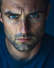 Obraz premium Close up of a man with an intense expression on a navy blue background