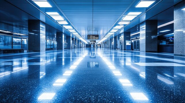 Starkly lit empty platform at a major station, fluorescent lights reflecting off polished floors, a cold and sterile vibe