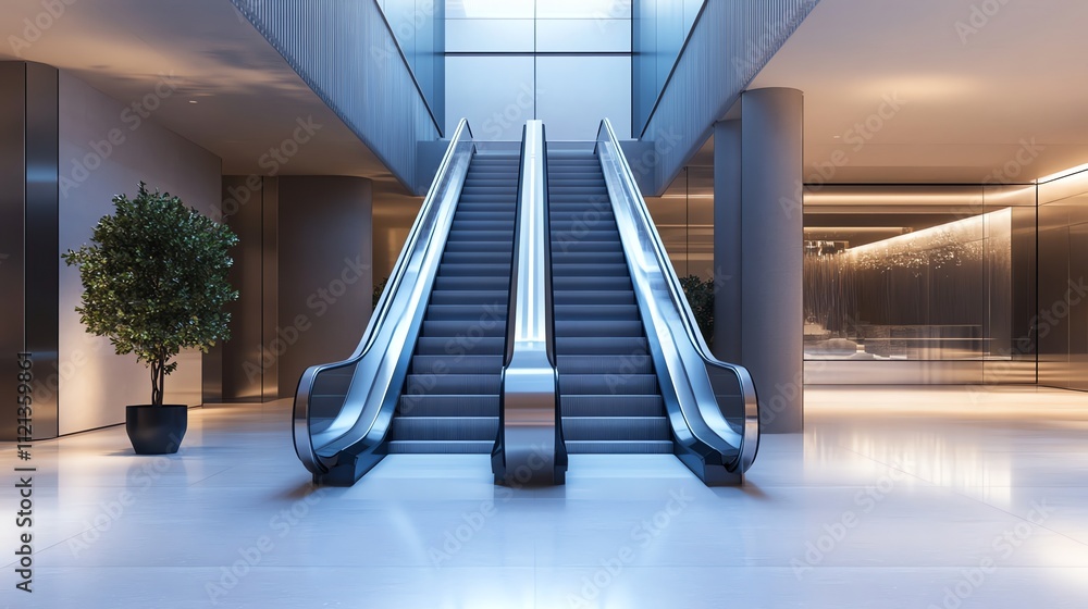 Aufkleber two escalators going up in a modern, minimalist building lobby with a large window and a plant in a 