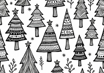 Boho Christmas trees pattern for adult coloring page in black and white