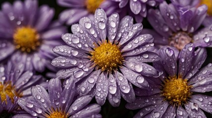 Obraz premium Water droplets on purple aster petals close-up