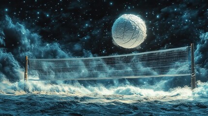 A realistic volleyball net with a white ball captures beach volleyball’s lively feel.