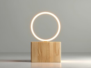 A modern light fixture featuring a circular design, mounted on a wooden base, creating a minimalist aesthetic with soft illumination.