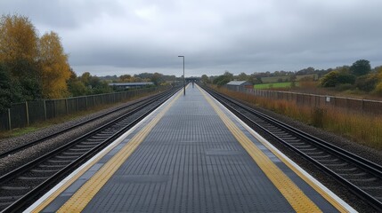 Wide-angle view of an empty railway platform, parallel tracks stretching into the distance under a cloudy sky