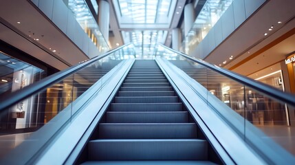 Fototapeta premium Two escalators going up in a modern shopping mall with a glass roof.