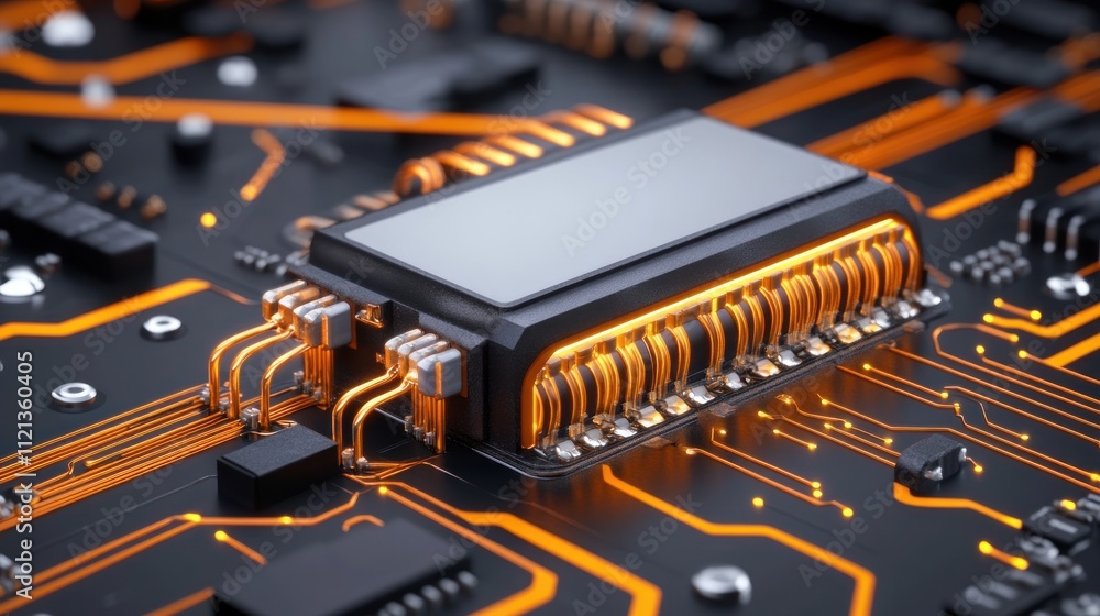 Poster close-up of a circuit board with intricate electronic components.
