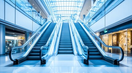 Fototapeta premium Two escalators in a modern shopping mall with a glass roof.