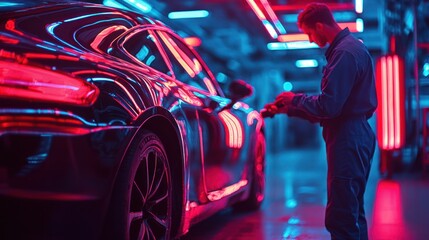 A mechanic in a blue jumpsuit inspecting a black car in a garage lit by neon lights.