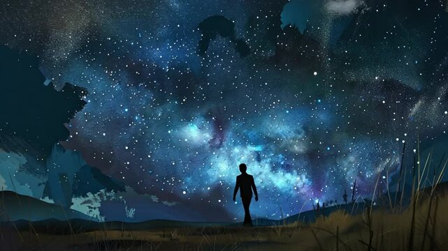 A lone figure stands against a breathtaking star-filled sky, evoking awe and wonder.