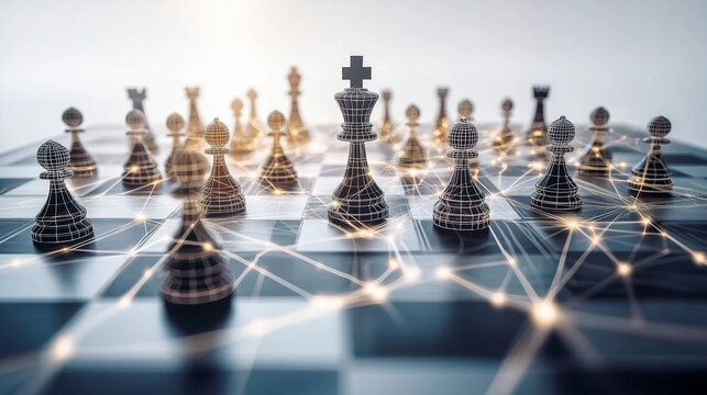 Chessboard of Strategy:  A captivating image of a chessboard with glowing lines, symbolizing the intricate connections and strategic moves in business and life.