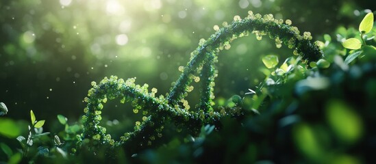 A DNA helix shape formed by green plants in a natural setting.