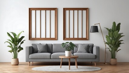 Living room interior with two empty white posters on wall, grey sofa oak wooden parquet floor, coffee table, carpet. Concept of cozy meeting place. Mock up.