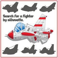 Children's game, puzzle. Search for a aircraft by silhouette. Isolated on white background. Vector illustration.