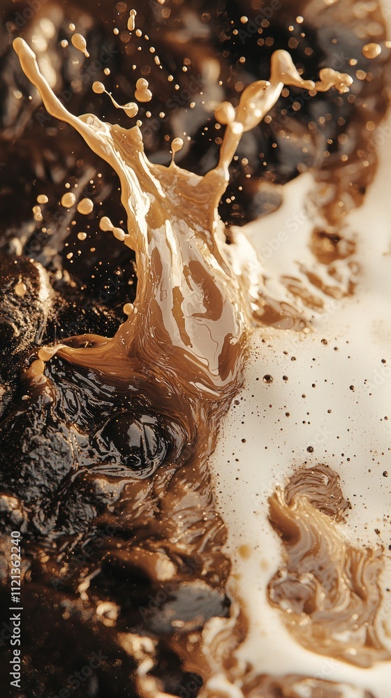 Poster mocha water splashes energetically against dark, rugged rocks, creating a stunning interplay of ligh