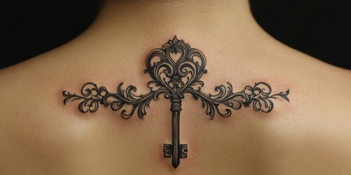 Intricate key tattoo design on a woman\'s back showcasing artistry and personalization in body art