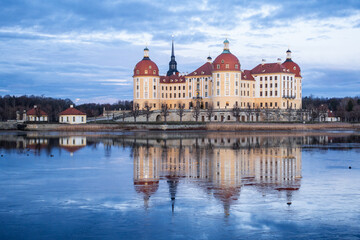 Moritzburg Castle in winter during sunrise