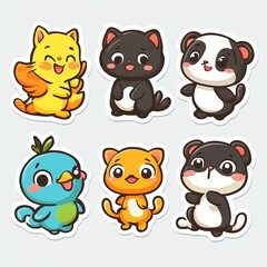 Adorable cartoon animal stickers cat, panda, bird.