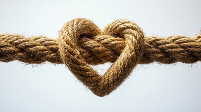 A rope with a heart-shaped knot isolated on a white background symbolizes connection, unity, and the enduring nature of love