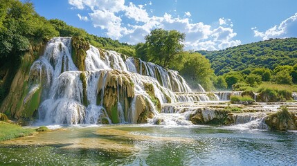 Obraz premium Serene cascading waterfall in lush green landscape under a bright sunny sky.