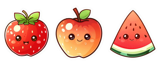 Cute cartoon strawberry, apple, and watermelon.