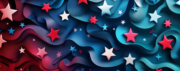 Opulent Memorial Day wallpaper featuring a mix of blue, red, and white, accented with soft star details and elegant patterns to create a patriotic, respectful atmosphere