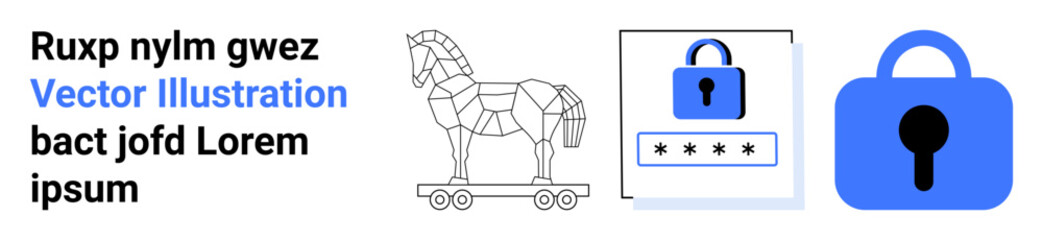 Trojan horse outline beside password input form with blue padlock and larger blue padlock symbolizing security elements. Ideal for data protection, IT security, cyber threats, online safety, software