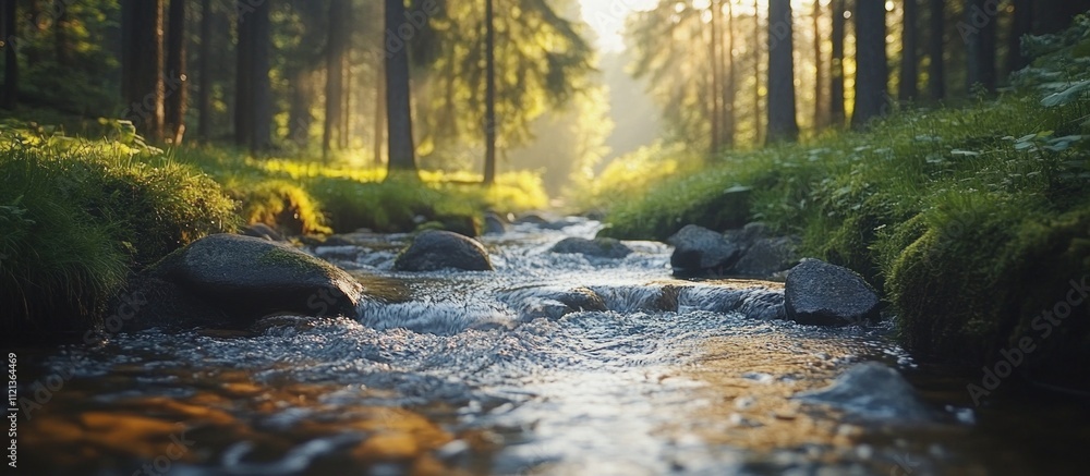 Poster sunbeams illuminate a stream flowing through a forest.