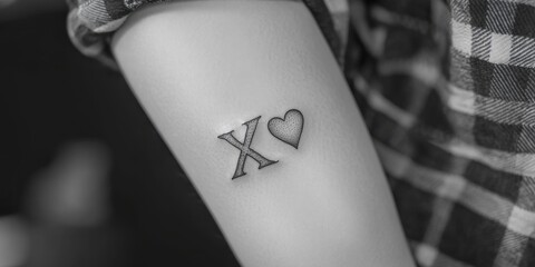 Unique black and grey tattoo design featuring an X and heart on an arm during a creative tattoo session