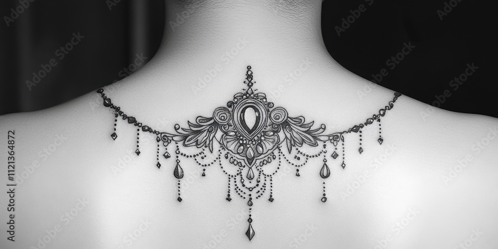 Poster Exquisite black ink tattoo design on the back displaying intricate patterns and dangling elements during a quiet moment of reflection