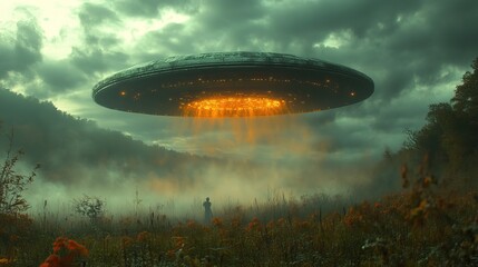 Obraz premium A saucer-shaped alien spacecraft hovering over a field, surrounded by clouds