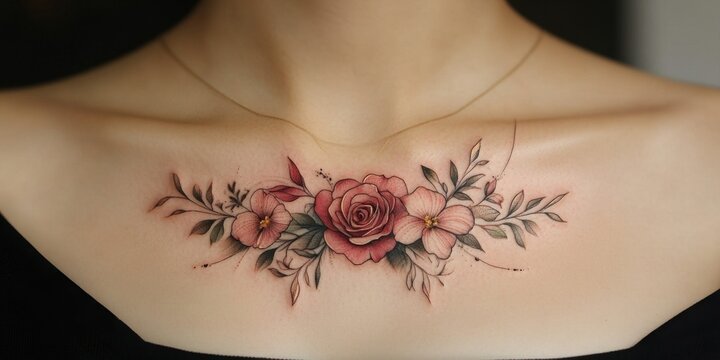 Beautiful floral tattoo design featuring roses and delicate blossoms on a woman\'s collarbone