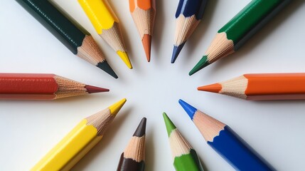A set of colored pencils arranged in a circle on a white background.